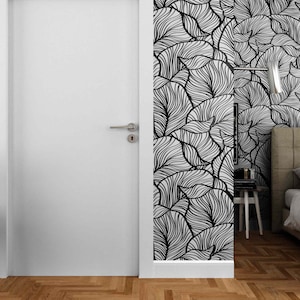 Carta da parati minimalista con foglie in bianco e nero per pareti, murale estetico staccabile e appiccicoso o non tessuto, giardino astratto, tropicale, Monstera