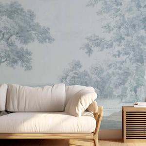 Papel de parede vintage azul claro com floresta, lindo, removível e adesivo, mural de parede não tecido para paredes, pintura a óleo, paisagem retrô e surrada com árvores