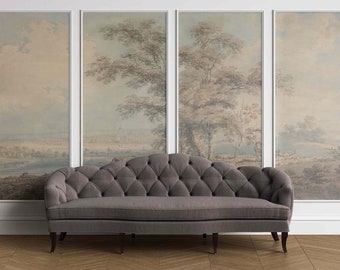 Rural Scenic Landscape Peel & Stick or Non Woven Wallpaper Victorian Style Big trees Nature Vintage Watercolor Mural Panoramic Valley view