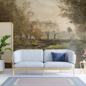 Vintage Landschaft Kunst Wandbild Peel & Stick oder Vlies Ölgemälde Natur Schöne Retro Tapete für Wände Rustikaler ländlicher Waldteich