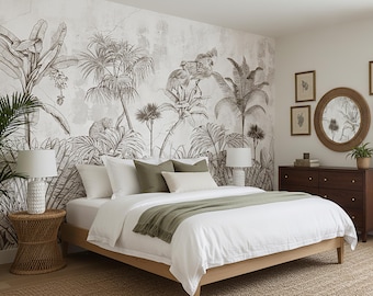 Mural de pared botánico selvático, papel pintado tropical vintage, mural neutro de palmeras para dormitorio o sala de estar, autoadhesivo o no tejido.