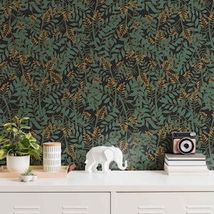 Carta da parati botanica con foglie verdi – Murale con fogliame tropicale in verde e senape – Decorazione murale boho vintage rimovibile o in tessuto non tessuto