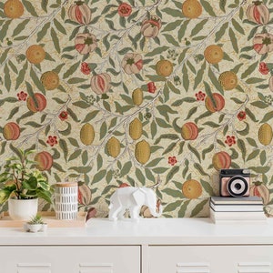 Fruit by William Morris Wallpaper Pill & Stick or Non Woven Vintage Botanical Mural Floral Pomegranate Wall Art Flowers Branches Decoration