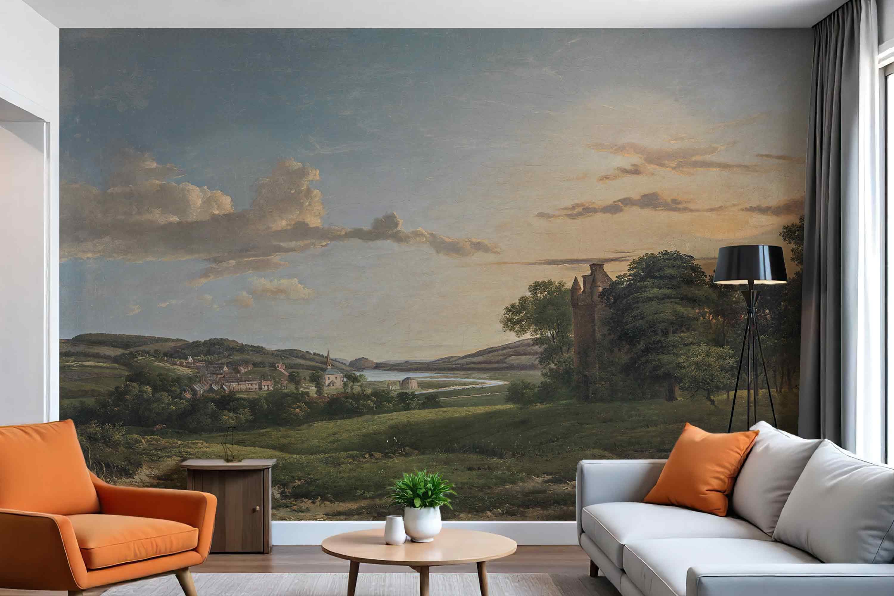 Vintage Landscape Wall Mural Castle Village Historical Сountryside ...