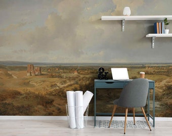 Puede incluir: Una oficina en casa con un escritorio, una silla y estantes. La pared está decorada con una gran pintura de un paisaje con un edificio en ruinas en la distancia.