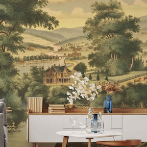 Victoriaans Engels retro landschap Peel & Stick of non-woven vintage schilderachtig behang landelijke oude boom schilderachtige vintage muurschildering aquarel
