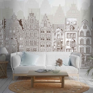 Old City Houses Grey Village Peel & Stick or Non Woven Wallpaper Retro Town Buildings Sketch Neutral Wall Mural Amsterdam style houses