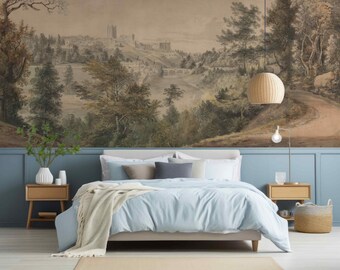 Watercolor Landscape Scenic Peel & Stick or Non Woven Wallpaper Woodland Countryside Panoramic Rural Mural Vintage Retro Painting Wall