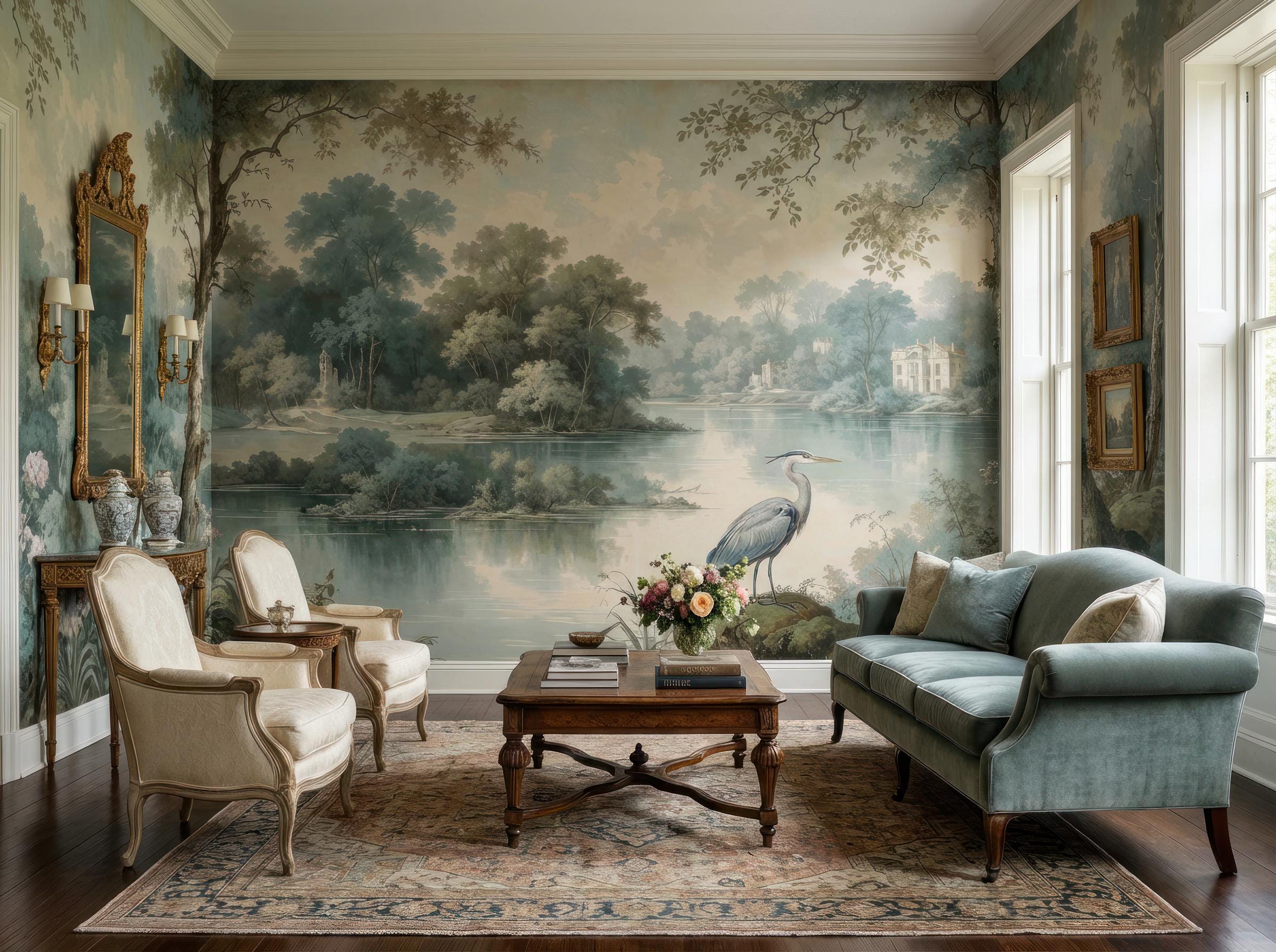 Classic European Landscape Wallpaper Mural, Elegant Lake Garden Wall ...