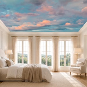 May include: A bedroom ceiling mural featuring a realistic sky with blue tones and soft pink sunset clouds. The room includes a white bed with neutral bedding, two bedside tables with lamps, a white armchair, and floor-to-ceiling windows.