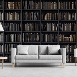Bookshelves Wallpaper Shelves with books Peel & Stick or Non Woven Library Mural Wall Bookcase Dark grey Vintage Decorations Wall Covering