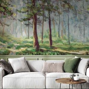 Watercolor Forest Pine Wallpaper Peel & Stick or Non Woven Tree View Mural wall Art Nature Oil Painting Green Landscape Forest
