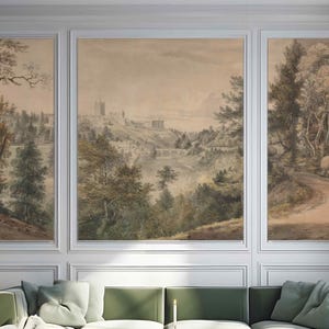 Vintage rural Painting landscape Peel & Stick or Non Woven Wallpaper Retro view of valley Victorian style Panoramic Scenic Watercolor Mural