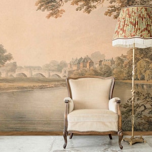 Carta da parati vintage con paesaggio panoramico, staccabile e attaccabile o non tessuta, murale retrò, ponte, fiume, palazzo, decorazione, alberi rustici, arte murale, decorazione rurale