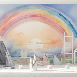 Carta da parati arcobaleno staccabile e adesiva o non tessuta, murale per bambini con acquerello, vivaio, murale colorato da favola, carta da parati arcobaleno rosa, murale per bambini