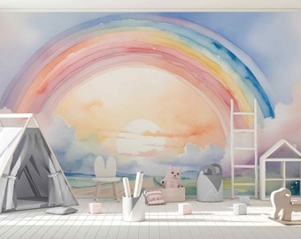 Rainbow Wallpaper Peel & Stick or Non Woven Watercolor Kids Mural Nursery Colorful Fairytale Mural Pink Rainbow Wallpaper Kids Wall Mural
