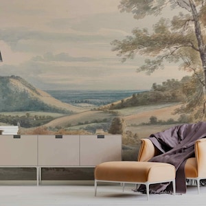 Panoramic view vintage Wallpaper Peel & Stick or Non Woven Mural with Nature Woodland Scenic Watercolor Mountain Trees Vintage Rustic Wall
