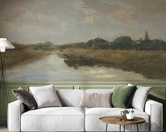 Village wallpaper Pill & Stick or Non Woven Rural Lake Mural Vintage Landscape Retro nature wall Nature Wallpaper Home decor Oil painting