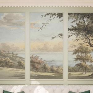 パステル ヴィンテージ 風景 水彩画 川の景色 剥がして貼るまたは不織布壁紙 木 パノラマ 古代 川辺 レトロ 壁画