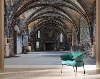 Old Castle Interior Wallpaper Peel & Stick or Non Woven Antique Stone Wall Mural Historical Great Hall Art Decor Architecture Arch
