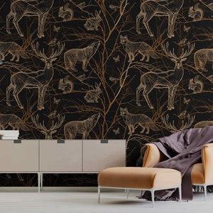 Carta da parati con animali selvatici della foresta, staccabile e adesiva o non tessuta, animali, cervi, orsi, murale, natura scura, arte murale, bosco, arredamento moderno per la casa, natura selvaggia