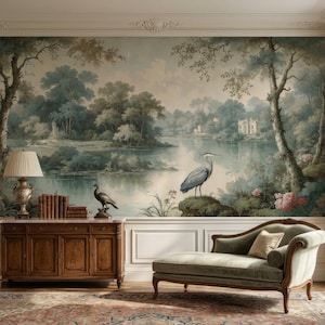 Klassische europäische Landschafts-Tapete Wandbild, Eleganter See-Garten Wandbild mit Reiher, Vintage-Szenische Tapete für traditionelle Innenräume