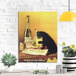 Riproduzione su tela di un gatto che beve assenzio, decorazione da parete Bourgeois Freres, decorazione vintage per la casa, opera d'arte divertente, regalo, gatto nero.
