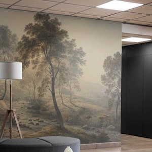 Big trees on Wall Decor Peel & Stick or Non Woven Beige Forest Wallpaper Retro Watercolor Mural Trees Oil Painting Landscape Art Vintage