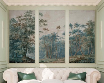 Green Trees Scene Wallpaper Pill & Stick or Non Woven Nature Landscape Mural Rural Forest Wall Art Vintage Panoramic Home Decor Retro Meadow