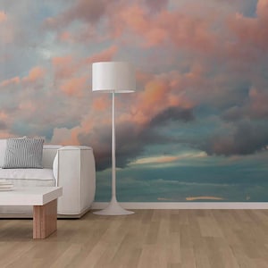 Pastel Color Clouds Mural Peel & Stick or Non Woven Pink Vintage Style Sky Wallpaper Sky Storm Wall Decor Watercolor Landscape Pastel clouds