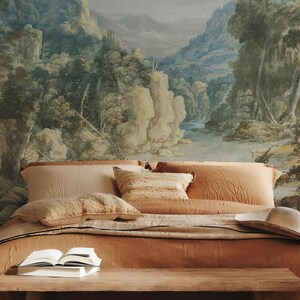 Tapete Berg und Fluss Vintage Tapete zum Abziehen und Aufkleben Vlies Schöne Natur Vintage Tapete Wald Wald Shabby Retro Landschaftlich