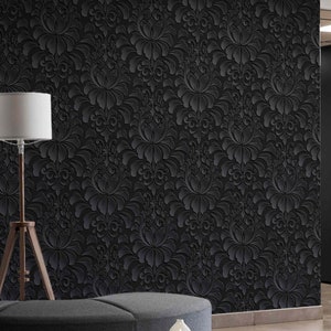 Black Royal Wallpaper Pill & Stick or Non Woven Dark Vintage Pattern Luxury Mural Art Deco Temporary Floral Wall Decor Grunge Modern Moody