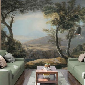Bella vista della valle Grandi alberi Carta da parati staccabile e adesiva o non tessuta Dipinto a olio Scena storica retrò Murale da parete Paesaggio vintage
