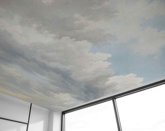 油絵の雲が描かれた壁紙、空の美的ヴィンテージシャビー、剥がして貼る、または不織布の美しい壁画、ニュートラルカラー