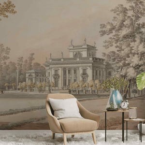 Garden Palace Wall Mural Vintage Wallpaper with European Architecture Peel & Stick or Non Woven Historical scene Watercolor painting nature