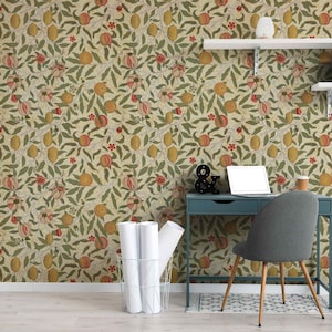 Fruit by William Morris Wallpaper Peel & Stick or Non Woven Vintage Botanical Mural Floral Pomegranate Wall Art Flowers Branches Decoration