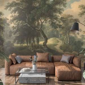 Vintage großer Baum Wandbild zum Schälen und Aufkleben oder Vlies Natur Szene Tapete Retro Landschaft Wand Kunst Grün Wohnkultur Dunkler Wald Tapete