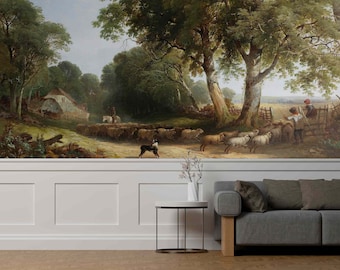 Rural Landscape Mural Pill & Stick or Non Woven Victorian Style Big tree with Animals Wallpaper Nature Vintage Painting Valley view Home Art