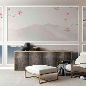 Sakura Trees Mural Pill & Stick or Non Woven Light Wallpaper Mountains Watercolor Cherry blossom Branches Pastel colors Japanese landscape