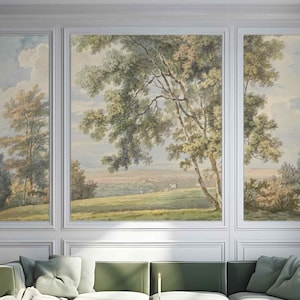 Landschaft mit Bäumen und Schafen Wandbild Peel & Stick oder Vlies Park-Szene mit Tieren Tapeten-Weinlese-Aquarell-ländliche Natur-Wand-Kunst