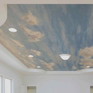 Carta da parati con cielo blu e nuvole bianche, staccabile e adesiva o in tessuto non tessuto, murale con skyline acquerellati, pittura a olio moderna, colori pastello, carta da parati per soffitto
