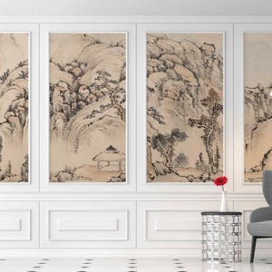 レトロな日本の水彩画の風景画、剥がして貼るだけ、または不織布の壁紙、中国の風景画の複製壁画、ニュートラルベージュの絵画の壁紙