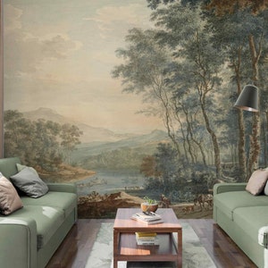 Vintage große Bäume Wald Wandbild Schälen und Aufkleben oder Vlies Retro ländliche Landschaft Tapete Rustikale Szene Wandkunst Bauernhaus Fluss Wohnkultur