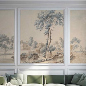 Paesaggio retrò vintage Vista inglese antica Carta da parati Peel & Stick o non tessuta Colori pastello beige Vista della valle del fiume Murales di campagna