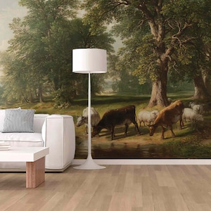 Rural Landscape Mural Peel & Stick or Non Woven Victorian Style Big tree with Animals Wallpaper Nature Vintage Mural Valley view Home Art