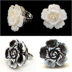 35mm Natural White and Gray Hand Carved Adjustable Flower Shell Ring