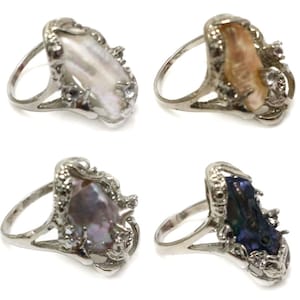 7# 13X25mm Natural Flat Baroque Pearl Women Sterling Silver Ring
