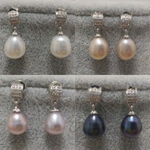 9-10mm Natural Raindrop Pearl 925 Sterling Silver Post Shiny Zirconia Earring