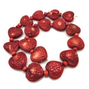 16 inches 6x20mm Red Heart Shaped Carved Bamboo Coral Beads Loose Strand
