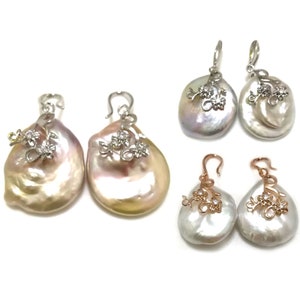 20-25mm Natural Baroque Coin Pearl 925 Sterling Silver Hook Earring with Zirconia